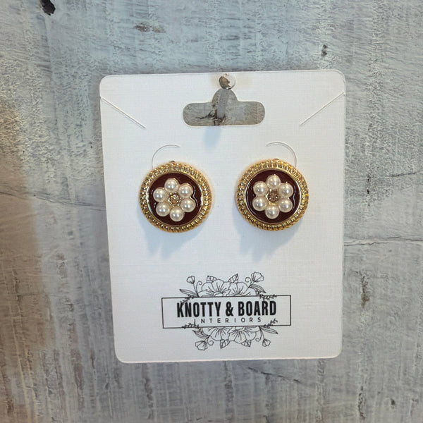 Chic Vintage Floral Drop Earrings featuring a pearl-centered floral design with gold-tone trim, displayed on a Knotty and Board card, perfect for gifts and jewelry decor.