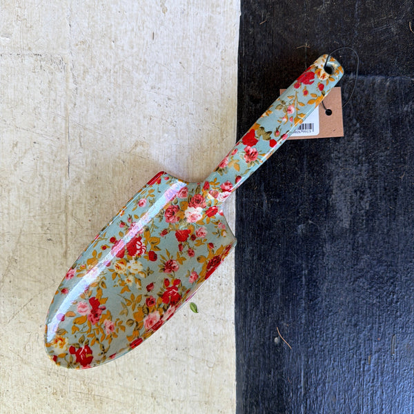 Aluminum Garden Spade with Floral Pattern, Blue, 10.5" featuring a decorative floral design, perfect for garden decor and thoughtful gifts from Knotty and Board.