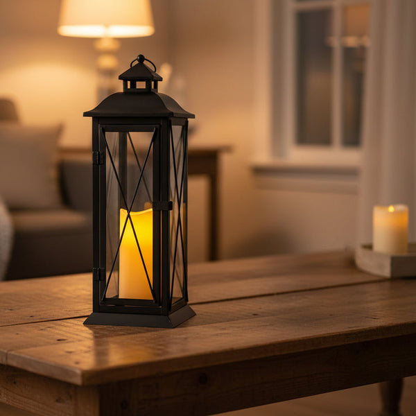 Crisscross Metal Lantern, Battery Candle