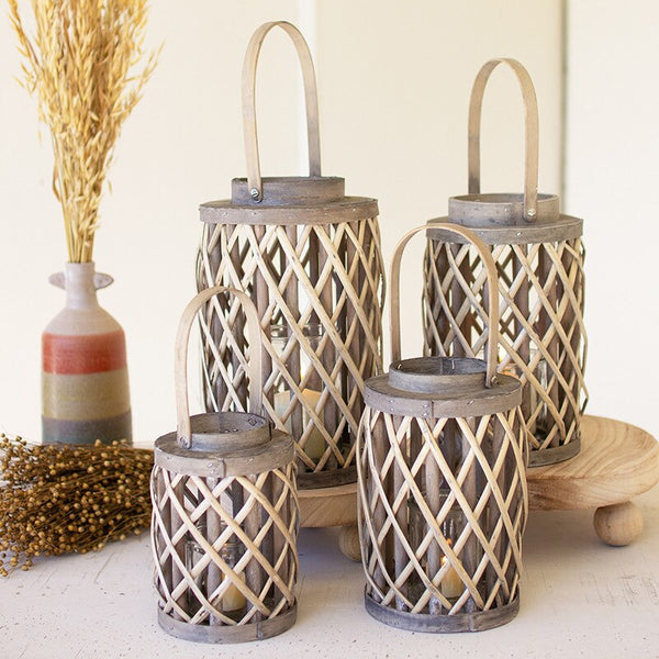 Grey Willow Cylinder Lanterns w/ Glass Inserts, Large, 19.5 in.