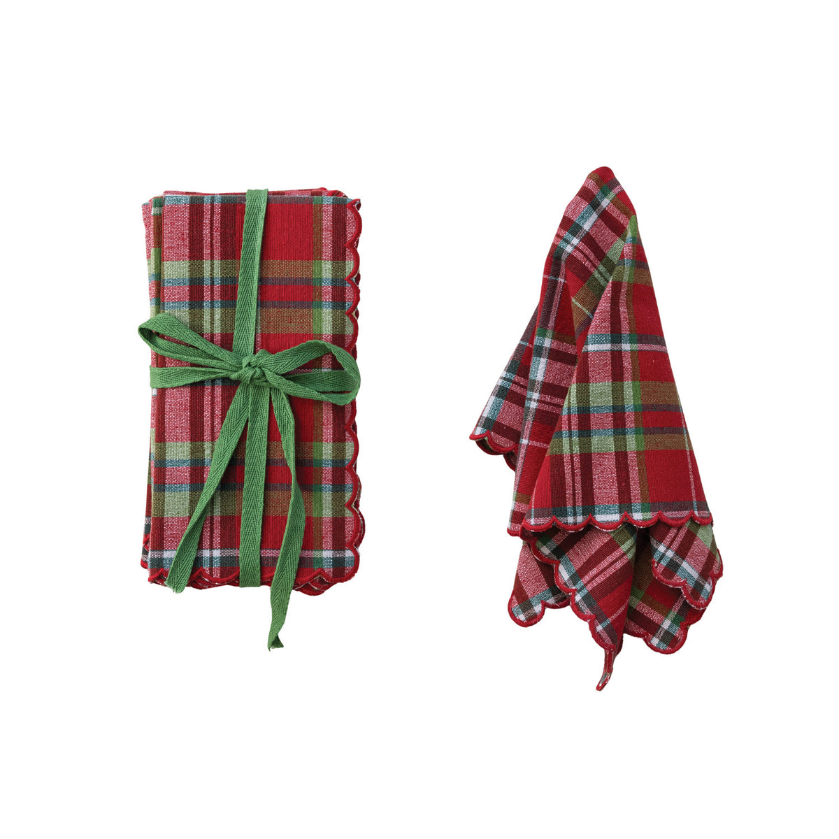 Plaid Woven Cotton Scalloped Napkins, Set of 4, 18