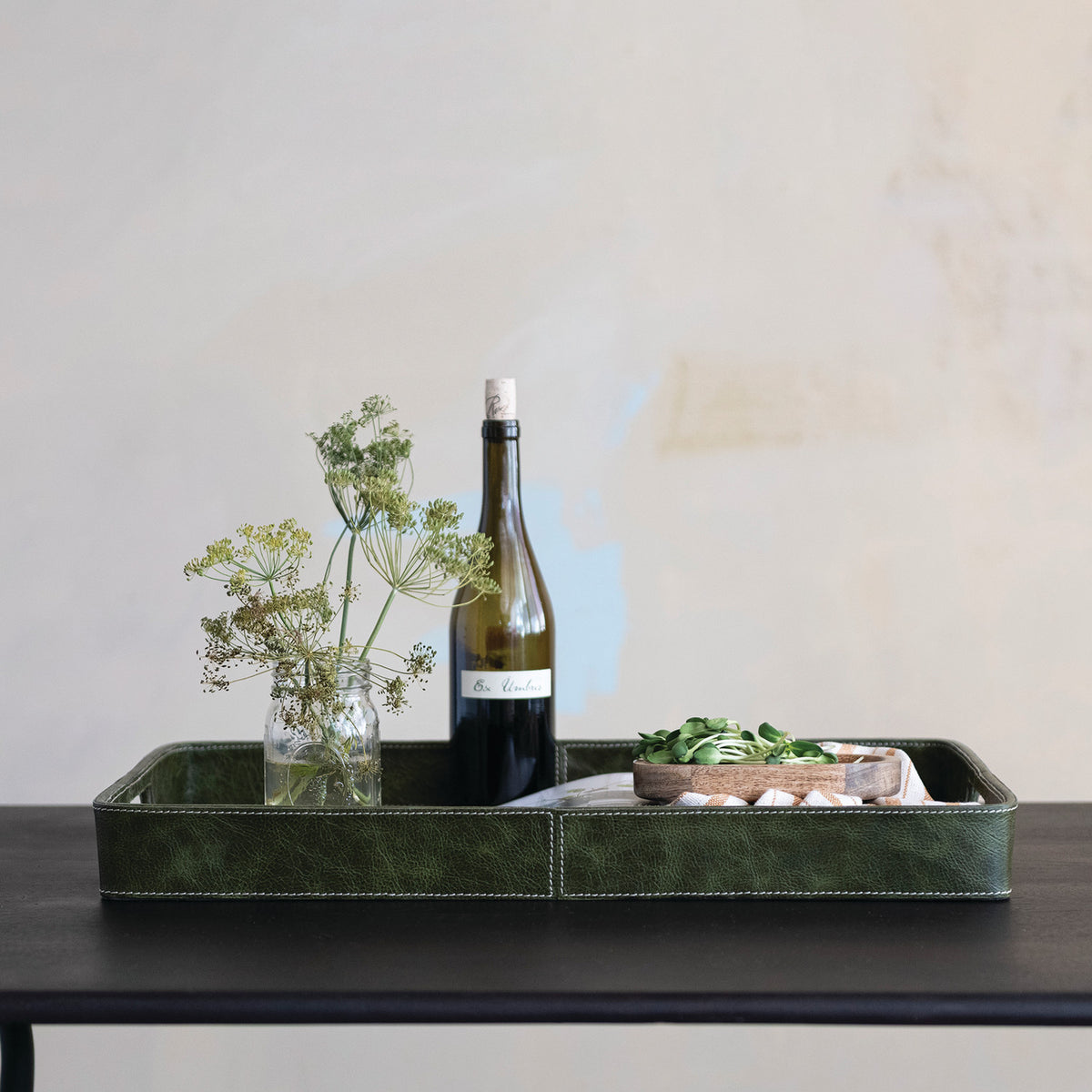 Decorative Leather Tray with Handles, Olive, 23 X 14.25 X 2.5 in.
