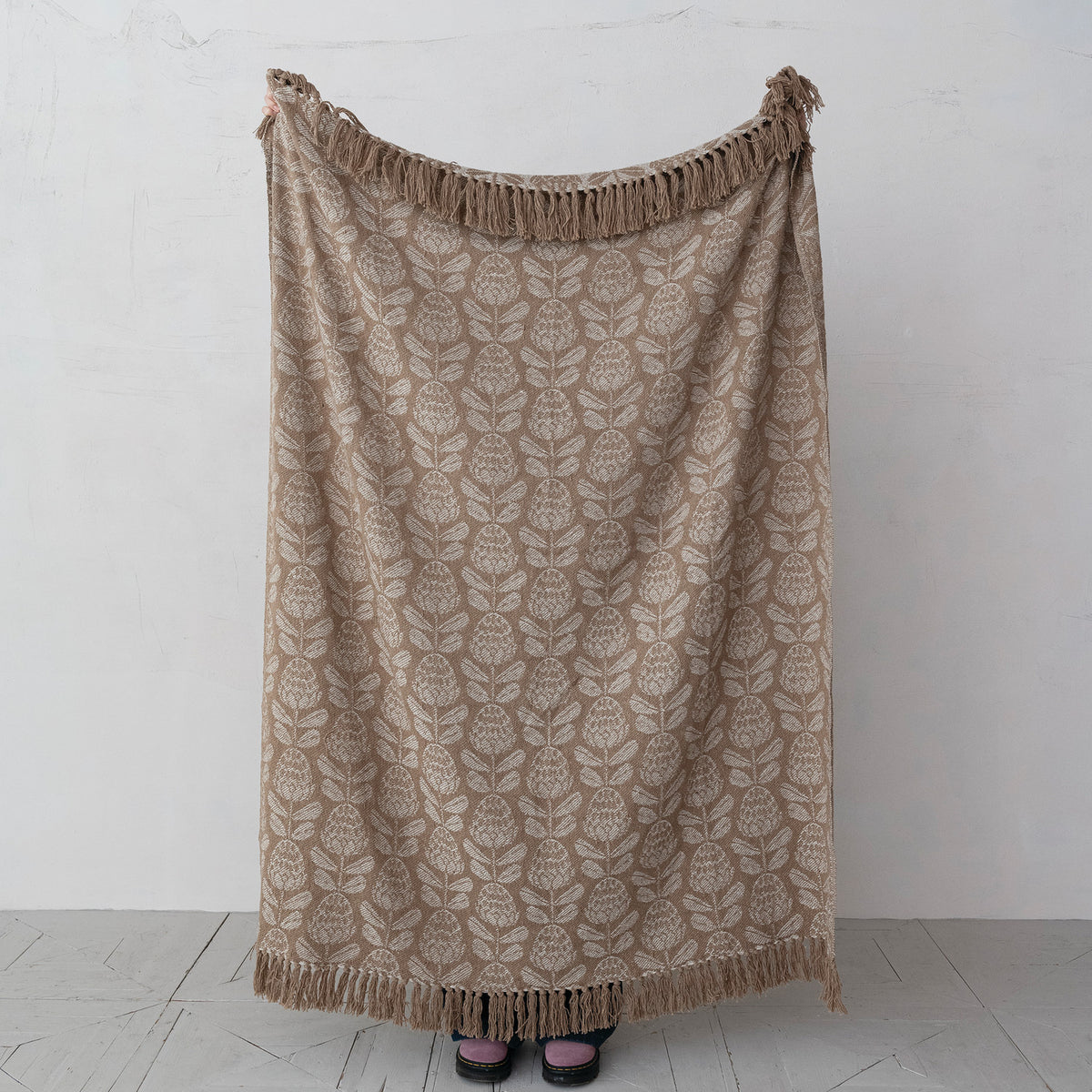 Jacquard Throw with Floral Pattern & Fringe, 60 X 50 in.