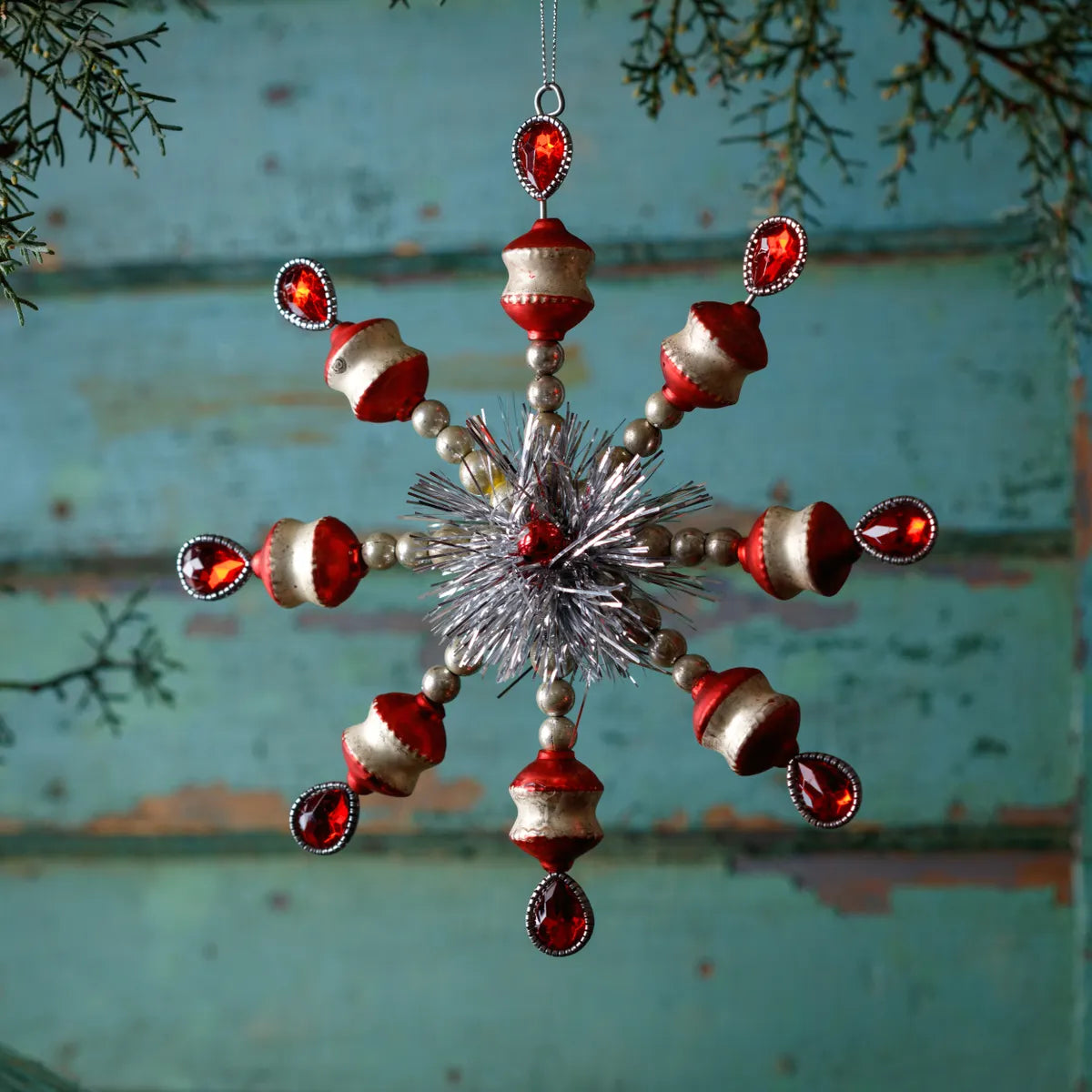 Glass Snowflake Ornament, Red and White, 8 in.