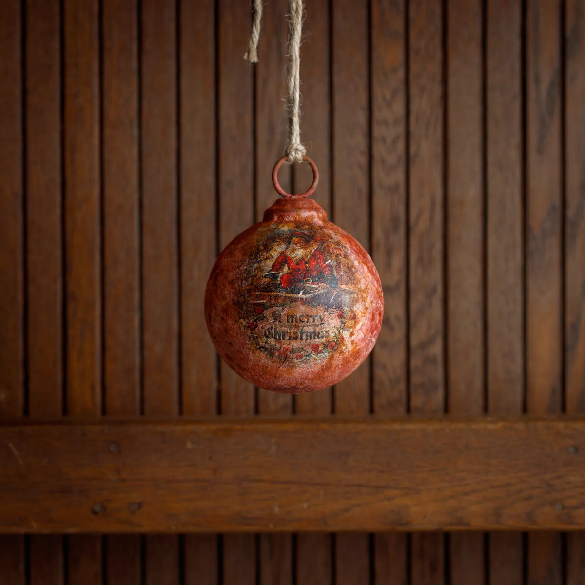 Merry Christmas Santa Metal Red Ball Ornament, 4 in.