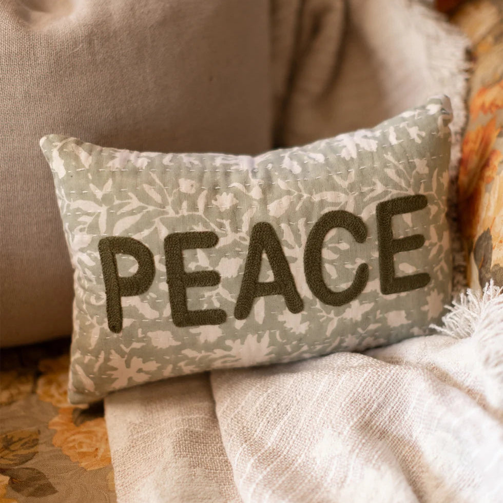 Embroidered Peace Lumbar Pillow w/ Flowers