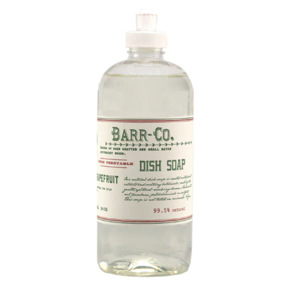 Clear plastic bottle of Barr & Co. Fir & Grapefruit Dish Soap with vintage-style label, perfect for kitchen decor and gifts from Knotty and Board.