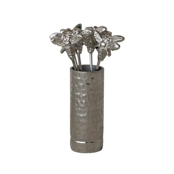 Appetizer Picks with Bee Handles, Boxed Set of 7 displayed in a hammered metal holder, perfect for kitchen entertaining and stylish gift giving from Knotty and Board.