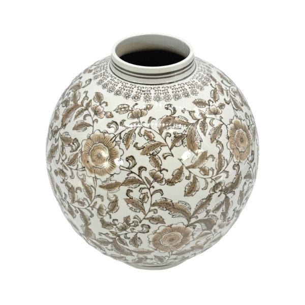 Chinoiserie Ceramic Globe Vase, Brown & White, 12 in.