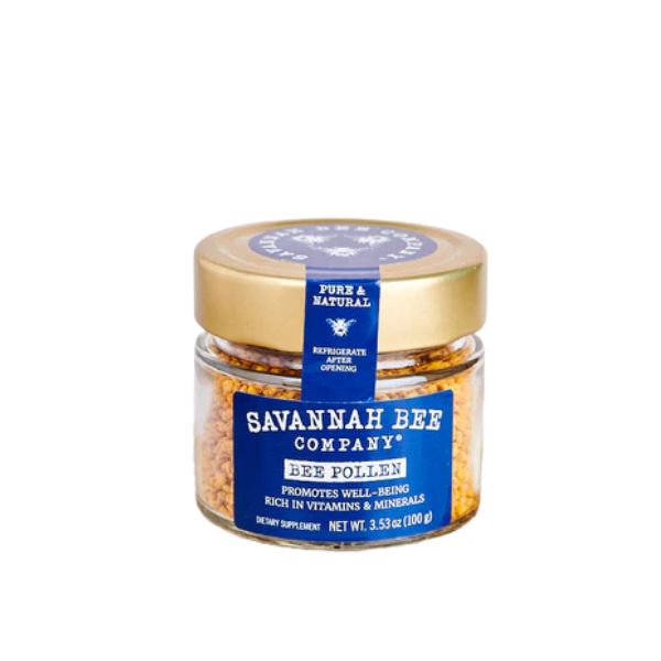 Savannah Bee Co., Bee Pollen, 3.5 oz. jar with golden lid, natural supplement rich in vitamins and minerals, perfect for kitchen gifts and decor at Knotty and Board.