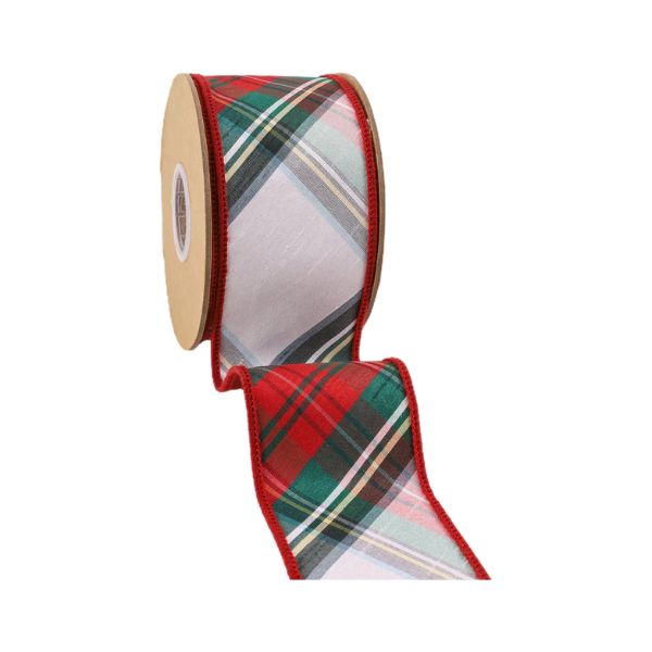 Wired 2.5 in. Dupioni Plaid Bias Cut Ribbon, Burgundy, Green, and White, 5 yd.
