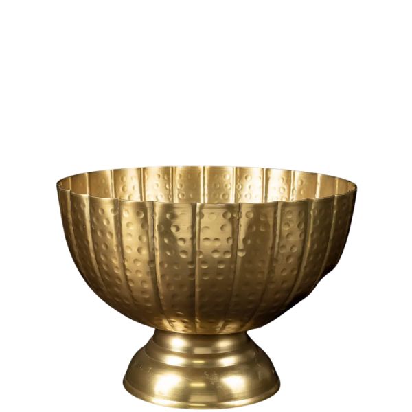 Hammered Grooved Pedestal Bowl, Gold, 12 in. with textured metal finish, ideal for elegant kitchen and dining decor, perfect for gifts or entertaining by Knotty and Board.