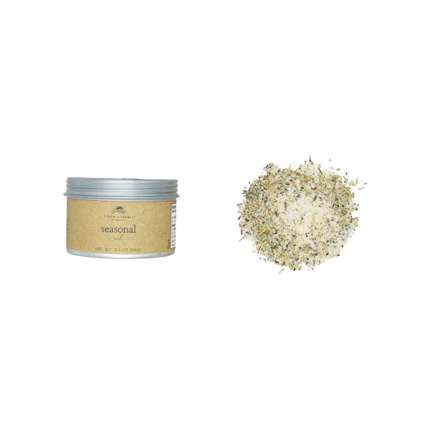 Seasonal Rub, 3.5 oz in a simple jar beside a small pile of mixed herbs and spices, perfect for kitchen decor and gifts from Knotty and Board, ideal for dining and entertaining.