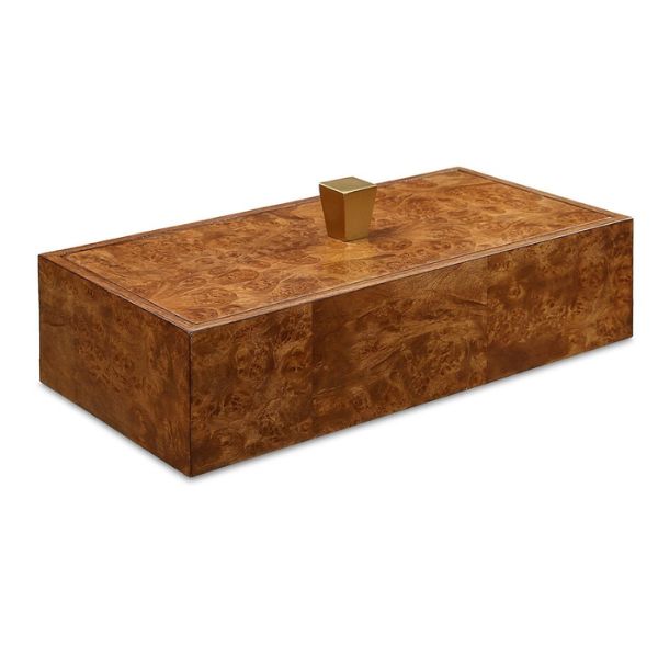 Burl Haven Box, 15 X 5 X 7 in. featuring rich wood grain with a sleek gold knob, perfect for stylish home decor or unique gift ideas from Knotty and Board.