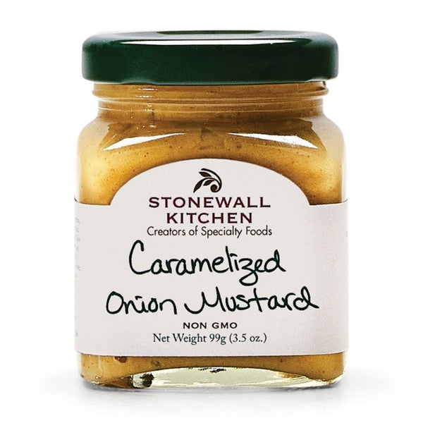 Stonewall Kitchen Caramelized Onion Mustard, 3.5 oz jar with a green lid, perfect for kitchen gifts and entertaining, offered by Knotty and Board, Every Room Needs A Little Knotty and Board.