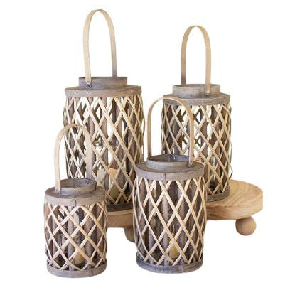 Set of four Grey Willow Cylinder Lanterns w/ Glass Inserts, Large, 19.5 in., with woven willow design perfect for stylish decor, candles, and entertaining gifts from Knotty and Board.