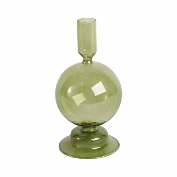 Glass Bubble Taper Candle Holder, Olive, 7 in. features a rounded bubble design in olive green glass, perfect for adding stylish decor and ambiance to any kitchen or dining space.