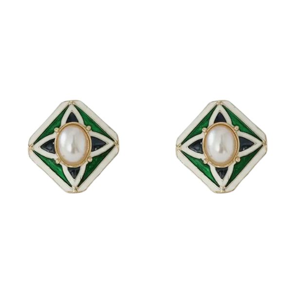 Chic Geometric Pearl Drop Earrings featuring white pearls set in a green and black geometric enamel design, perfect as stylish jewelry gifts from Knotty and Board.