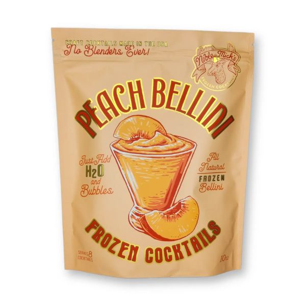 Noble Mick's Frozen Cocktails, Peach Bellini in resealable pouch with vintage-style illustration of a peach cocktail and fresh peach slice, perfect for entertaining and gifts from Knotty and Board.