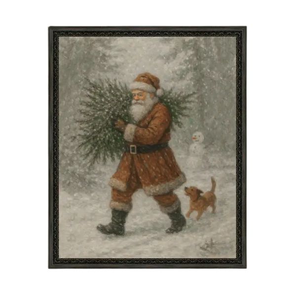 Santa with Tree Framed Antique Art, 18 X 22 in.