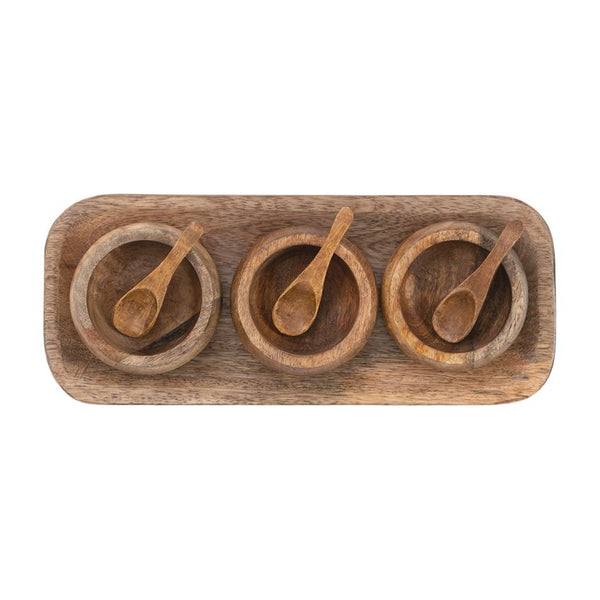 Mango Wood Tray w/ 3 Bowls & 3 Spoons, 13-1/2"L x 5-1/2"W x 2"H, perfect for kitchen decor or entertaining with natural wood tones from Knotty and Board, every room needs a little Knotty and Board.