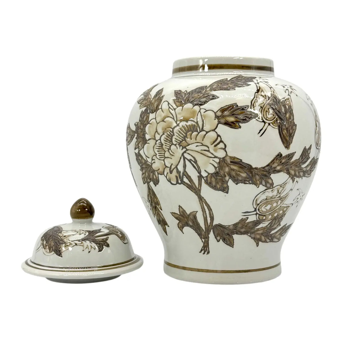 Chinoiserie Ceramic Ginger Jar, Brown & White, 12 in.