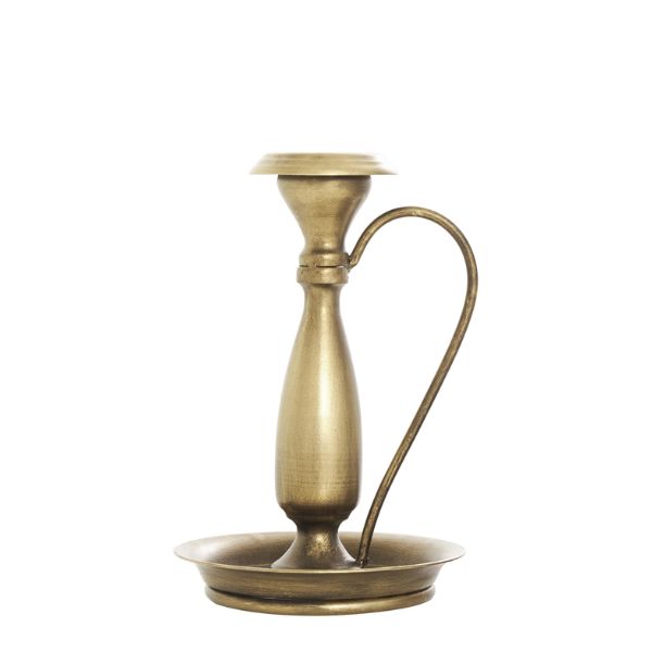 Traditional Bronze Metal Candle Holder, Small, 7 in. with a curved handle and round base, perfect for adding classic decor and ambiance to dining or kitchen spaces. Every Room Needs A Little Knotty and Board.