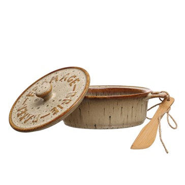 Round Stoneware Brie Baker w/ Bamboo Spreader, 9.25 in.