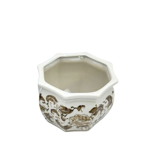 Floral Ceramic Bulb Planter Pot, Brown & White, 8 in.