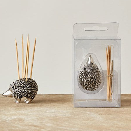 Pewter Hedgehog Toothpick holder with natural wooden toothpicks, styled as a charming kitchen and dining decor gift from Knotty and Board, perfect for entertaining.