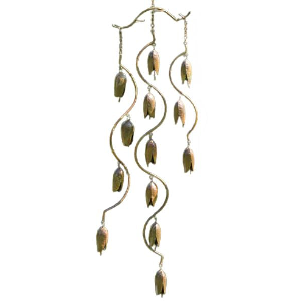 Flamed Triple Bell Spiral Wind Chime with rustic metal bells hanging on curved rods, perfect for adding charming decor and a soothing sound to any outdoor or indoor space, a unique gift idea from Knotty and Board. Every Room Needs A Little Knotty and Board.