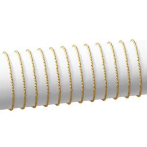 Twelve delicate Stretch Bead Bracelet, 2mm, Gold, Priced individually, displayed on a white stand, perfect for gifting or enhancing jewelry collections with Knotty and Board style.