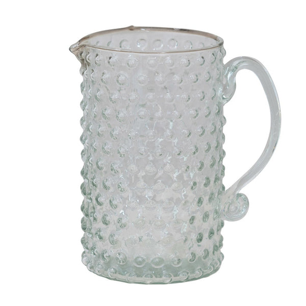 42 oz. Hand-Blown Glass Hobnail Pitcher with clear textured glass and elegant handle, perfect for kitchen decor, entertaining, and gifts from Knotty and Board.