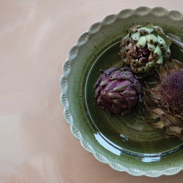 Stoneware Bowl with Scalloped Edge, Green, 12 in.