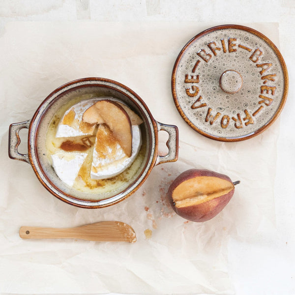 Round Stoneware Brie Baker w/ Bamboo Spreader, 9.25 in.