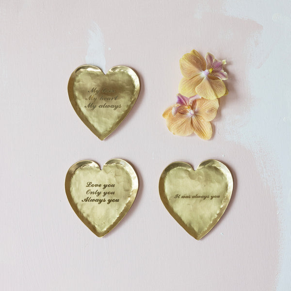 Hammered Brass Heart Shaped Dish with Saying, Assorted, 3.5 in.