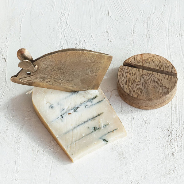 Mouse Shaped Cheese Knife with Mango Wood Stand, 4 X 2 in.