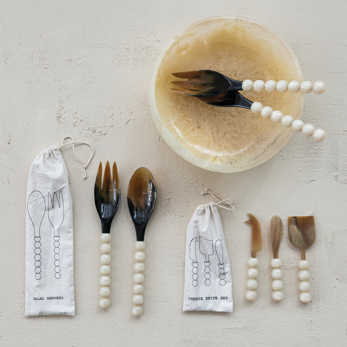 Salad Servers, Cream Resin Ball Handles, Set of Two