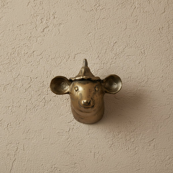 Brass Wall Mount, Mouse Head with Hat, 5.75 X 4.75 X 5.75 in.