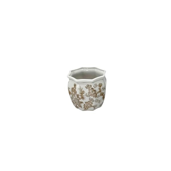 Chinoiserie Ceramic Planter Pot, Brown & White, 7.5 in.