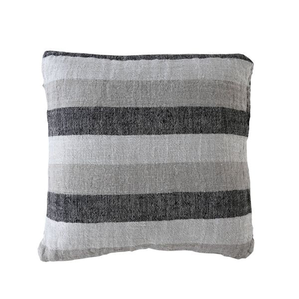 Aubange Handwoven Linen Pillow, 20 X 20 in. with horizontal black, gray, and beige stripes, perfect for adding a cozy, stylish touch to home decor from Knotty and Board. Every Room Needs A Little Knotty and Board.