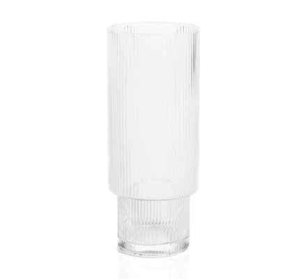 Clear ribbed Optic Design Glass, 7" with a modern cylindrical shape, perfect for stylish decor or entertaining, available through Knotty and Board, Every Room Needs A Little Knotty and Board.
