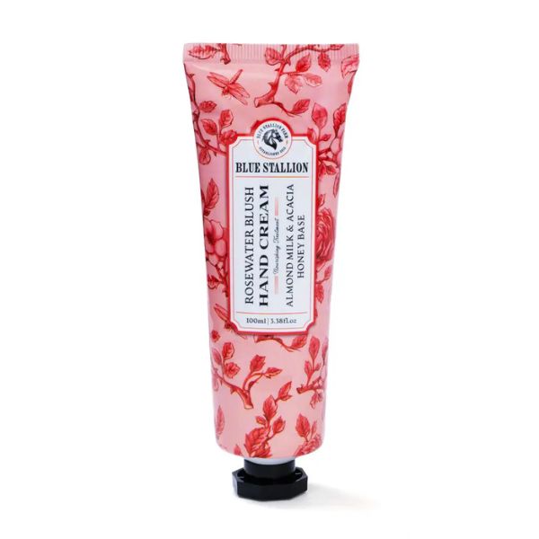 Tube of Blue Stallion Hand Cream, 100 ML, Rosewater Blush with floral pink packaging, featured as a thoughtful gift and decor item at Knotty and Board, perfect for everyday hand care.