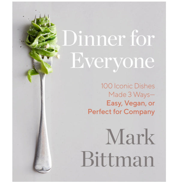 Cover of Dinner For Everyone cookbook featuring a fork twirled with green pasta on a clean, light background with simple, elegant typography.