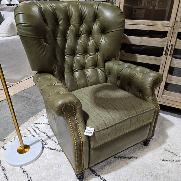 Sherrill Recliner L1662, Odelm Recliner, Green Leather w/Cont Fabric