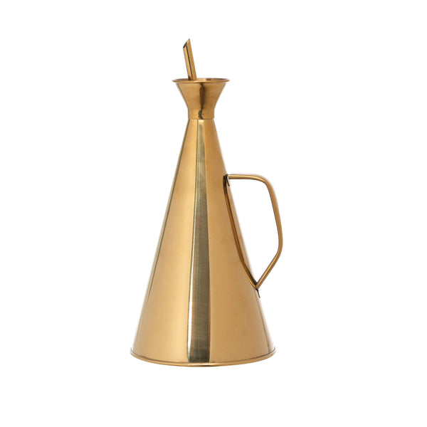 Modern gold-toned Stainless Steel Oil Cruet, 32 oz with a sleek conical shape and handle, perfect for kitchen decor and entertaining, available from Knotty and Board.