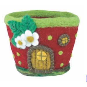 Felt Pot: Strawberry Cottage with red and green felt, featuring a small door, windows, and white flower accents, perfect for whimsical decor or gifts by Knotty and Board.