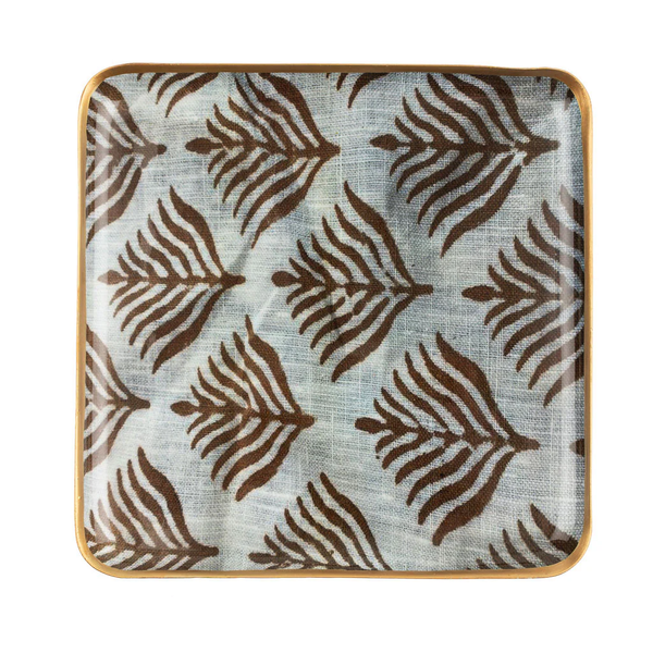 Pluma Enameled Tray Square with a stylish brown and beige leaf pattern, perfect for kitchen or dining decor, gifts, and entertaining, from Knotty and Board. Every Room Needs A Little Knotty and Board.