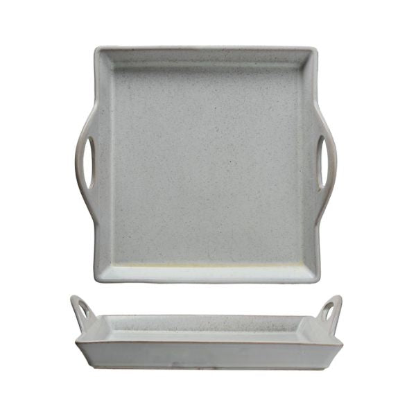 Stoneware Tray w/ Handles, Antique White shown from top and side views, designed for kitchen or dining decor, perfect as a gift from Knotty and Board.