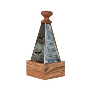 Stainless Steel Grater w/ Acacia Wood Handle, Natural standing on a wooden base, combining durable metal grating surfaces with a warm natural wood handle, ideal for kitchen and dining gifts from Knotty and Board.